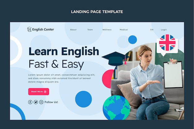 Modello di pagina di destinazione delle lezioni di inglese piatto