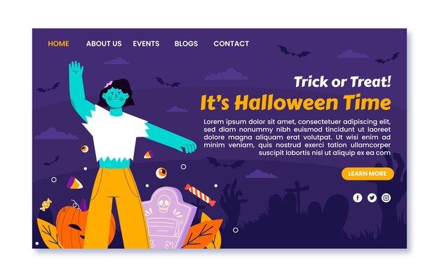Modello di pagina di destinazione di halloween piatto disegnato a mano