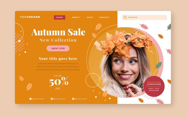 Modello di pagina di destinazione di vendita autunnale piatto con foto