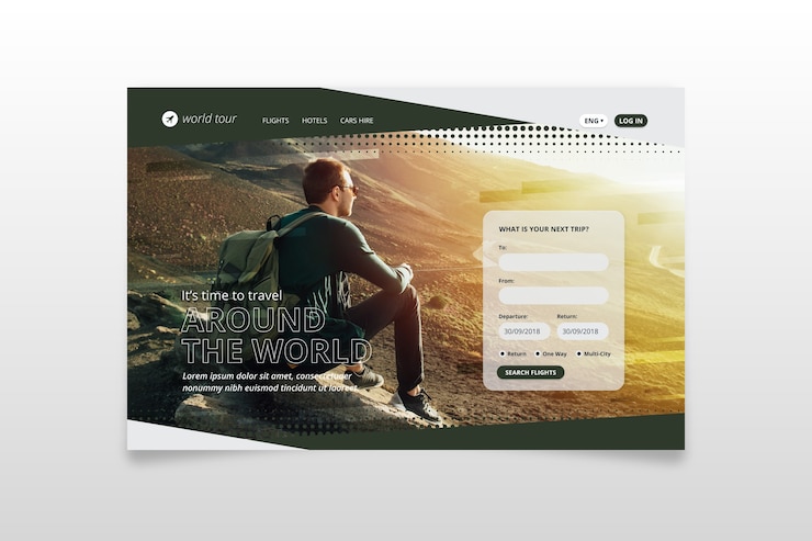 Vettore gratuito modello di pagina di destinazione di viaggio con foto