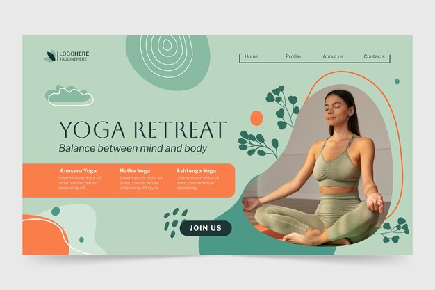Modello di pagina di destinazione disegnato a mano per il ritiro yoga