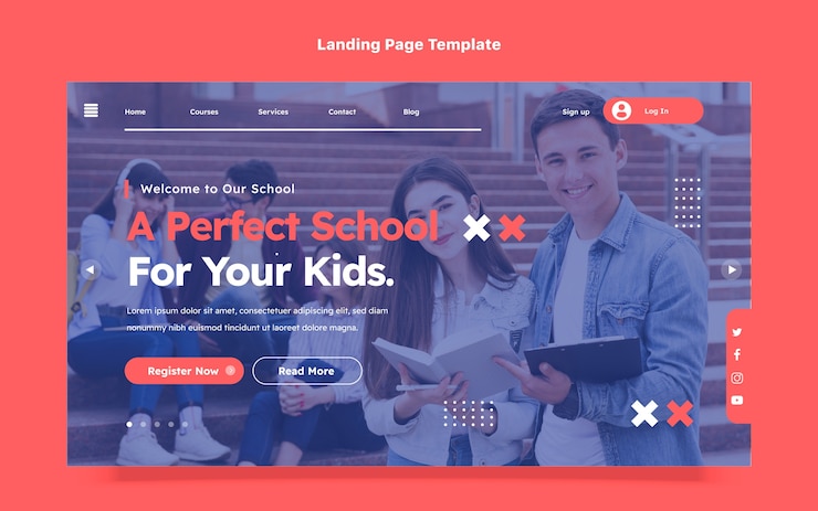 Vettore gratuito modello di pagina di destinazione minimale piatto per frequentare la scuola internazionale