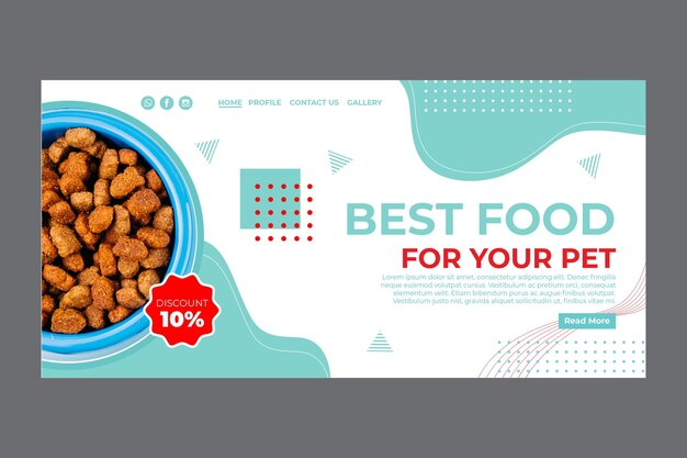 Modello di pagina di destinazione per alimenti per animali domestici con foto