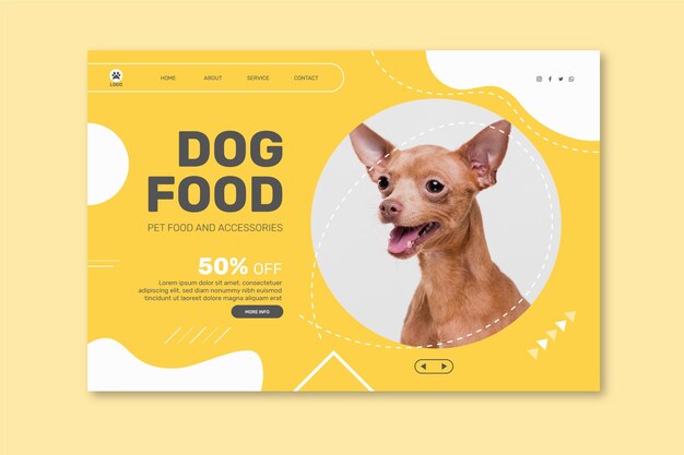 Modello di pagina di destinazione per cibo animale con cane