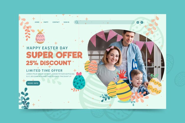 Modello di pagina di destinazione per Pasqua con uova e famiglia