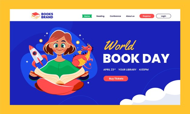 Modello di pagina di destinazione piatta per la celebrazione della giornata mondiale del libro