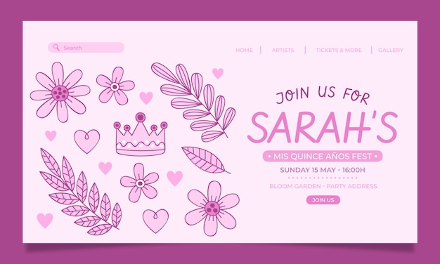Modello di pagina di destinazione quinceanera disegnato a mano