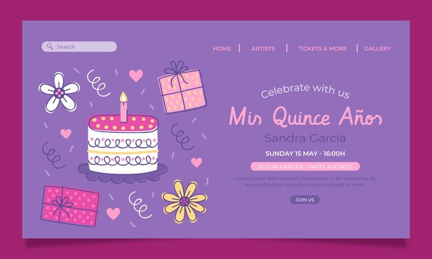 Modello di pagina di destinazione quinceanera disegnato a mano