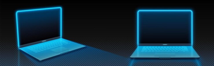 Vettore gratuito modello di portatile con bordi luminosi al neon sullo schermo