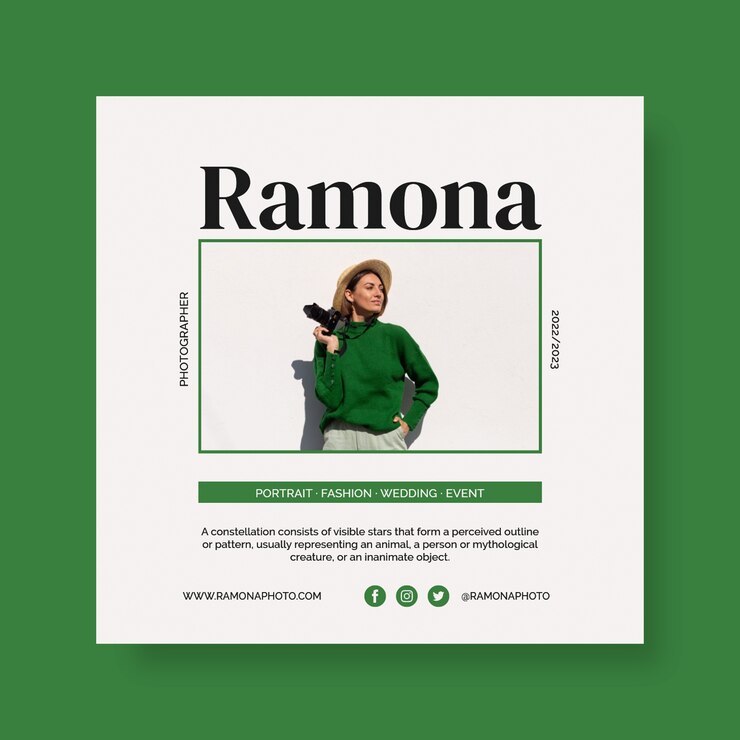 Vettore gratuito modello di post instagram del fotografo professionista ramona richman