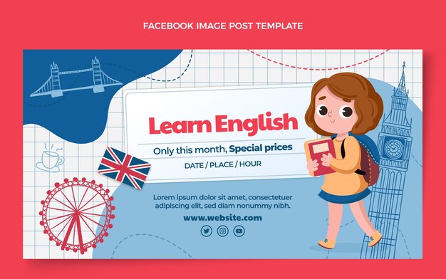 Modello di post su facebook per lezioni di inglese dal design piatto