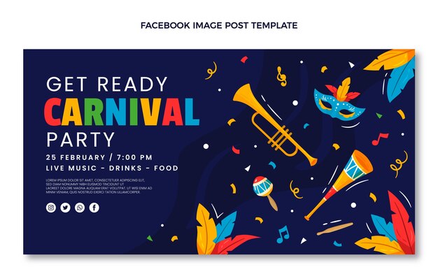 Modello di post sui social media di carnevale piatto