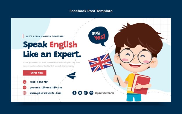 Modello di post sui social media per lezioni di inglese piatto