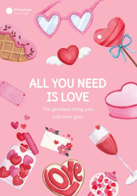 Modello di poster con grande amore abbraccio concetto di San Valentino, stile acquerello