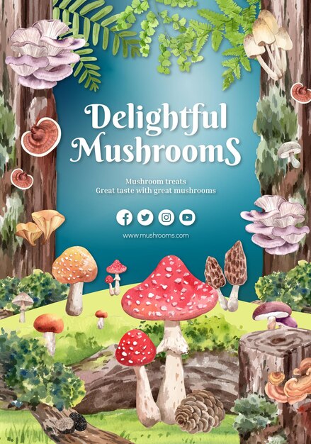 Modello di poster con piante di funghi e foresta in stile acquerello