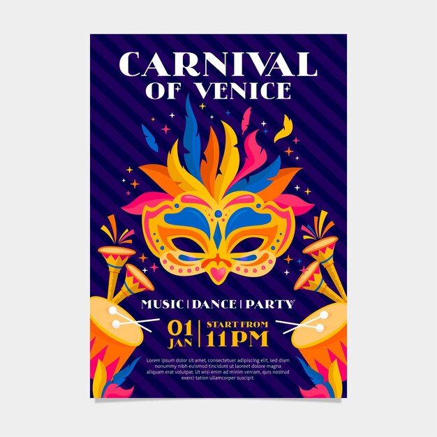 Modello di poster di carnevale veneziano con maschera colorata