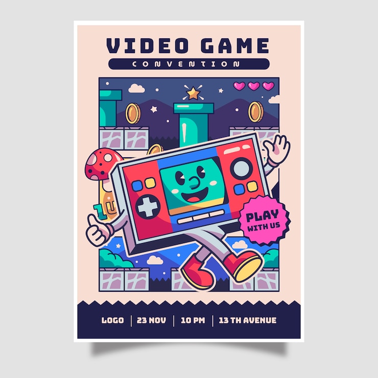 Vettore gratuito modello di poster di gioco retrò disegnato a mano