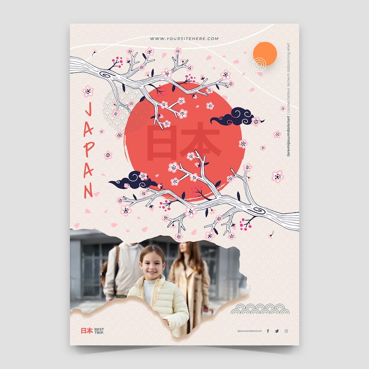Vettore gratuito modello di poster giapponese disegnato a mano