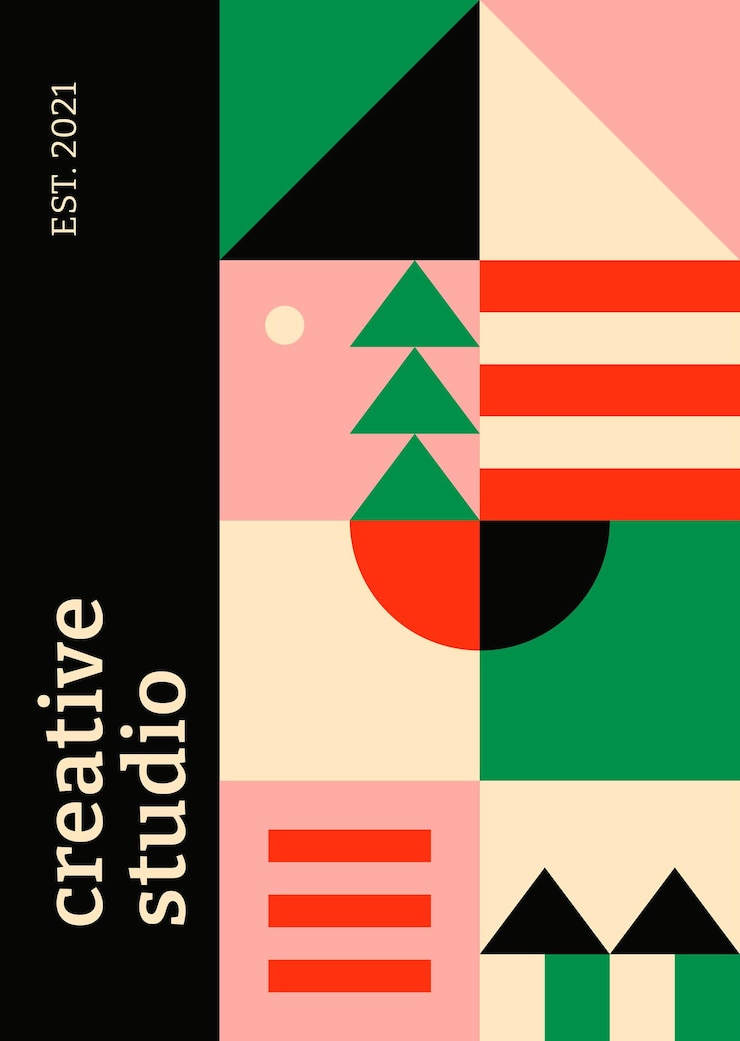Vettore gratuito modello di poster modificabile bauhaus ispirato testo studio creativo piatto