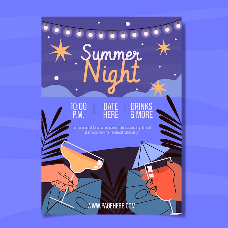 Vettore gratuito modello di poster per feste notturne estive piatte con le mani che tengono i cocktail