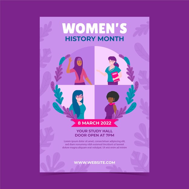 Modello di poster verticale del mese della storia delle donne piatte