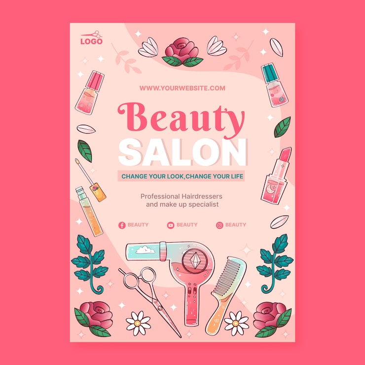 Vettore gratuito modello di poster verticale del salone di bellezza disegnato a mano