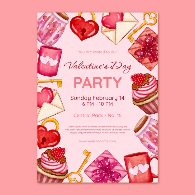 Modello di poster verticale dell'acquerello per la celebrazione di San Valentino