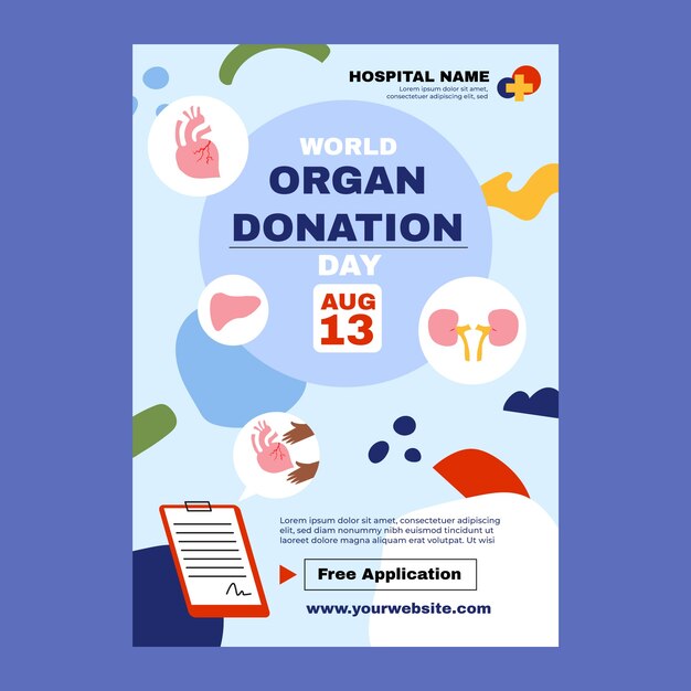 Modello di poster verticale della giornata mondiale della donazione di organi piatto con organi