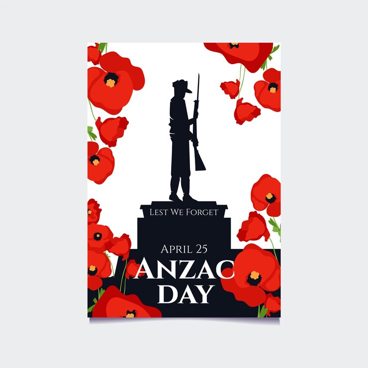 Vettore gratuito modello di poster verticale di anzac day disegnato a mano con la silhouette di un soldato