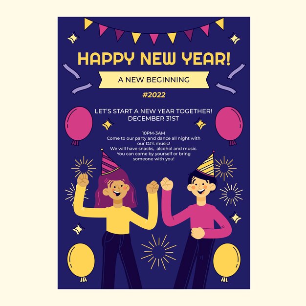 Modello di poster verticale di capodanno disegnato a mano