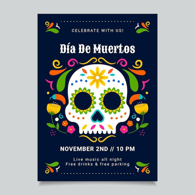 Modello di poster verticale dia de muertos disegnato a mano