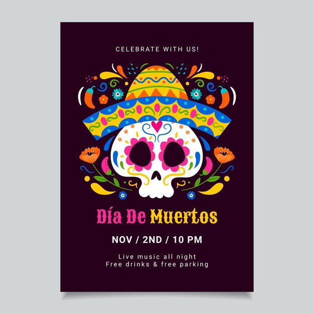 Modello di poster verticale dia de muertos disegnato a mano