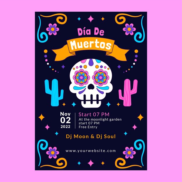 Modello di poster verticale disegnato a mano per la celebrazione del dia de muertos