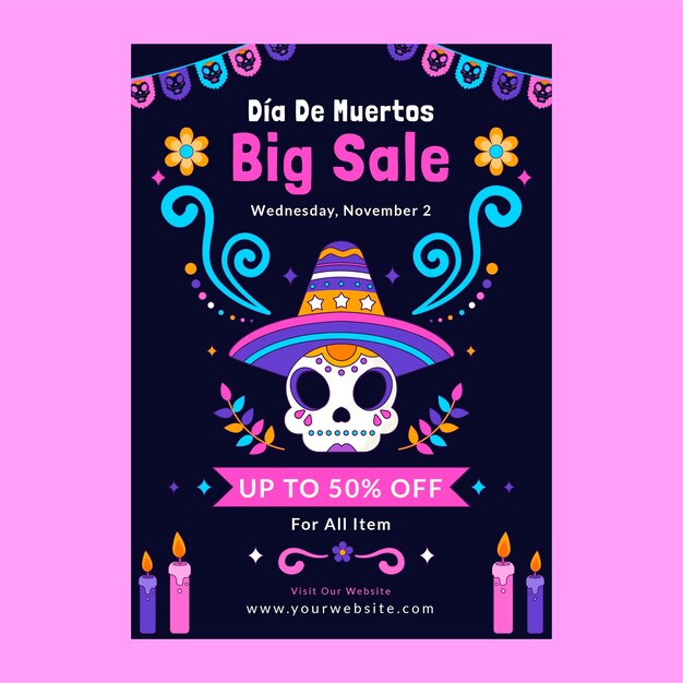 Modello di poster verticale disegnato a mano per la celebrazione del dia de muertos