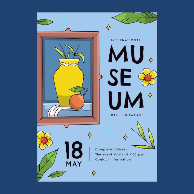Modello di poster verticale disegnato a mano per la giornata internazionale dei musei