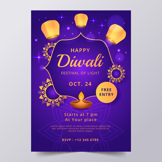 Modello di poster verticale diwali sfumato