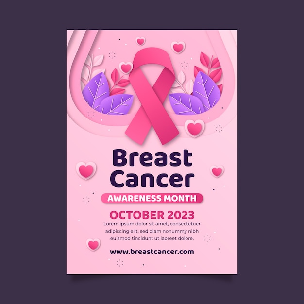 Modello di poster verticale in stile cartaceo per il mese di consapevolezza del cancro al seno
