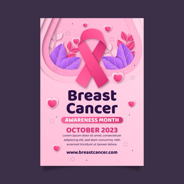 Modello di poster verticale in stile cartaceo per il mese di consapevolezza del cancro al seno