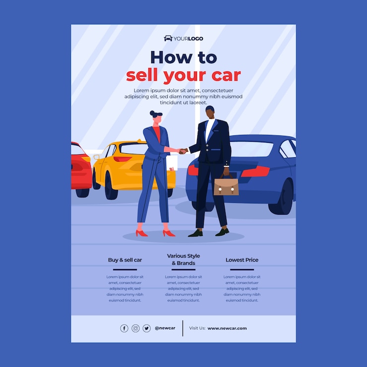 Vettore gratuito modello di poster verticale per affari di concessionarie auto piatte