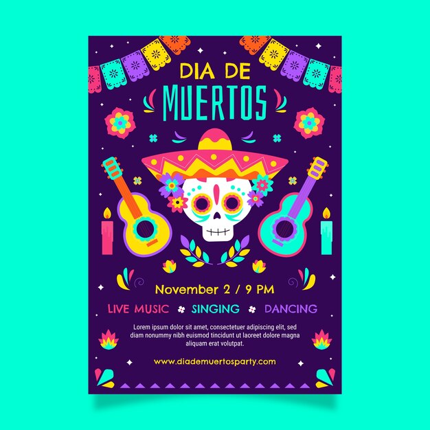 Modello di poster verticale per la celebrazione del dia de muertos piatto