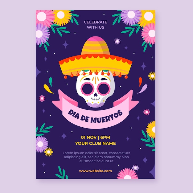 Modello di poster verticale per la celebrazione del dia de muertos piatto