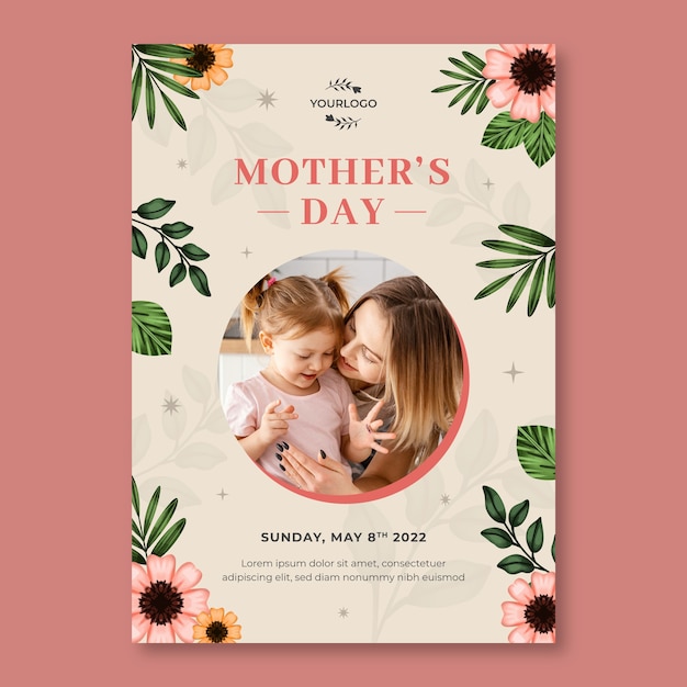Modello di poster verticale per la festa della mamma dell'acquerello
