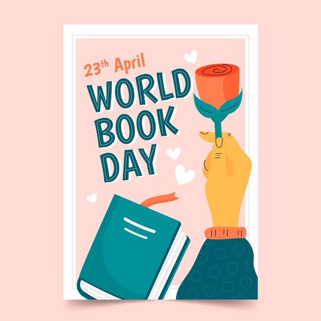 Modello di poster verticale per la giornata mondiale del libro disegnato a mano