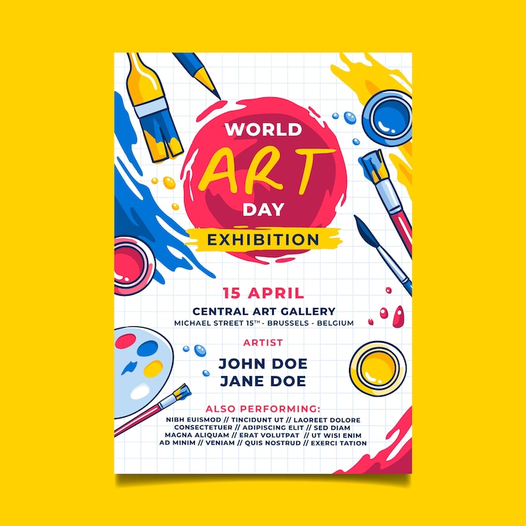Vettore gratuito modello di poster verticale per la giornata mondiale dell'arte disegnata a mano