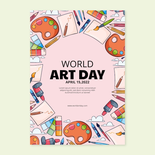 Modello di poster verticale per la giornata mondiale dell'arte disegnata a mano