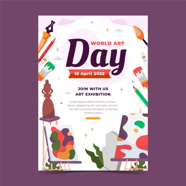 Modello di poster verticale per la giornata mondiale dell'arte piatta