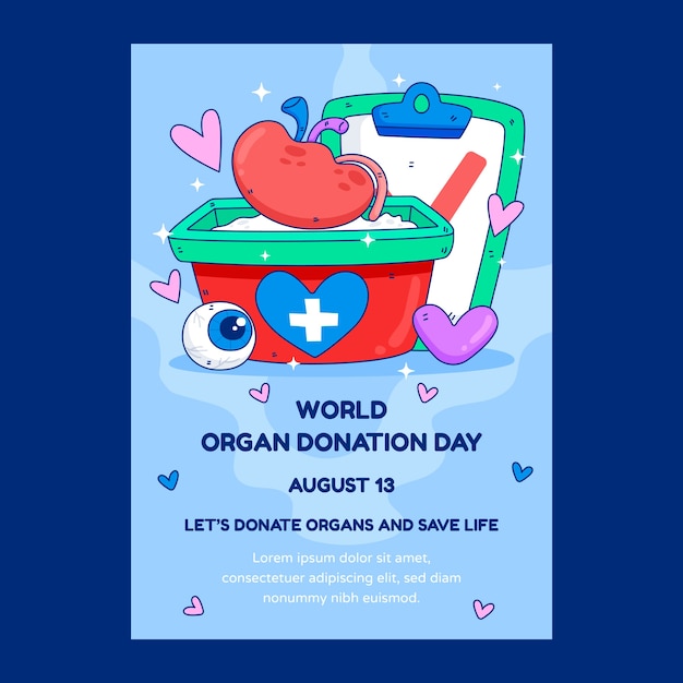 Modello di poster verticale per la giornata mondiale della donazione di organi disegnata a mano