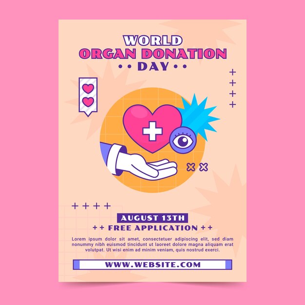 Modello di poster verticale per la giornata mondiale della donazione di organi disegnata a mano