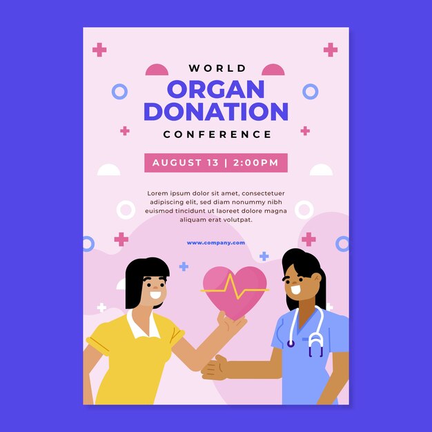 Modello di poster verticale per la giornata mondiale della donazione di organi piatto con persone che tengono il cuore