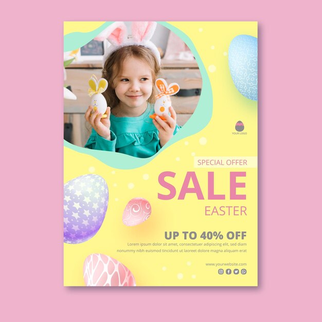 Modello di poster verticale per vendita di Pasqua con adorabile ragazza